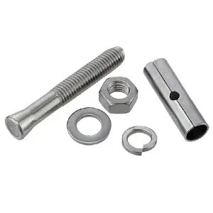 A bolt, nut, flat washer, lock washer and sleeve