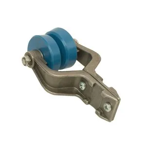 Cast bracket with a blue pulley wheel