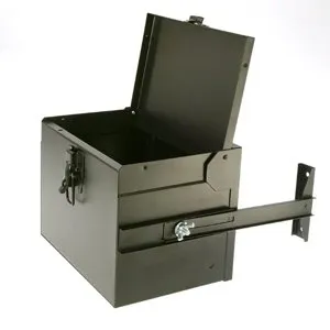 Sheet-metal enclosure with a hinged lid and mounting arm